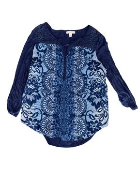 Dress Barn Navy Blue Lace-Patterned Mixed-Media Blouse Size S